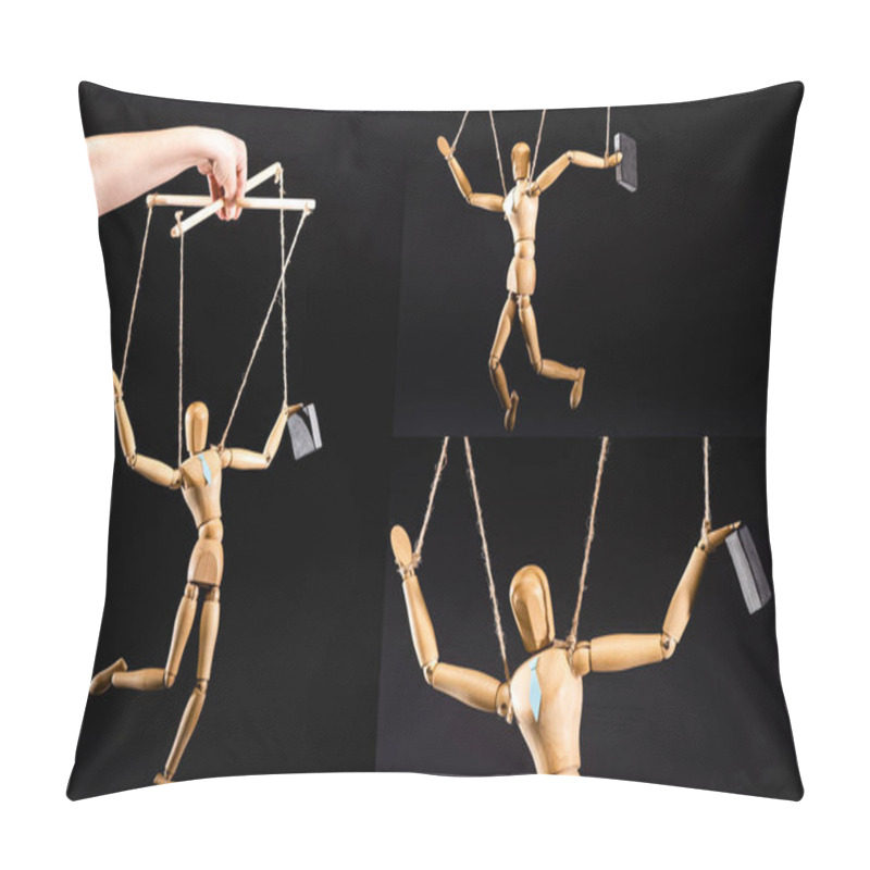 Personality  Cropped View Of Puppeteer And Wooden Marionette In Tie Isolated On Black, Collage Pillow Covers