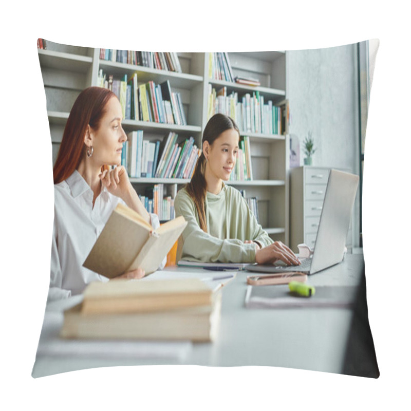 Personality  A Redheaded Tutor Imparts Knowledge To A Teenage Girl In A Modern Library Setting, Using A Laptop For After-school Studies. Pillow Covers