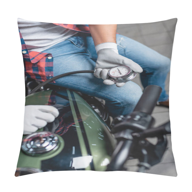 Personality  Selective Focus Of Manometer In Hands Of Technician Measuring Air Pressure In Tire Of Motorcycle Pillow Covers