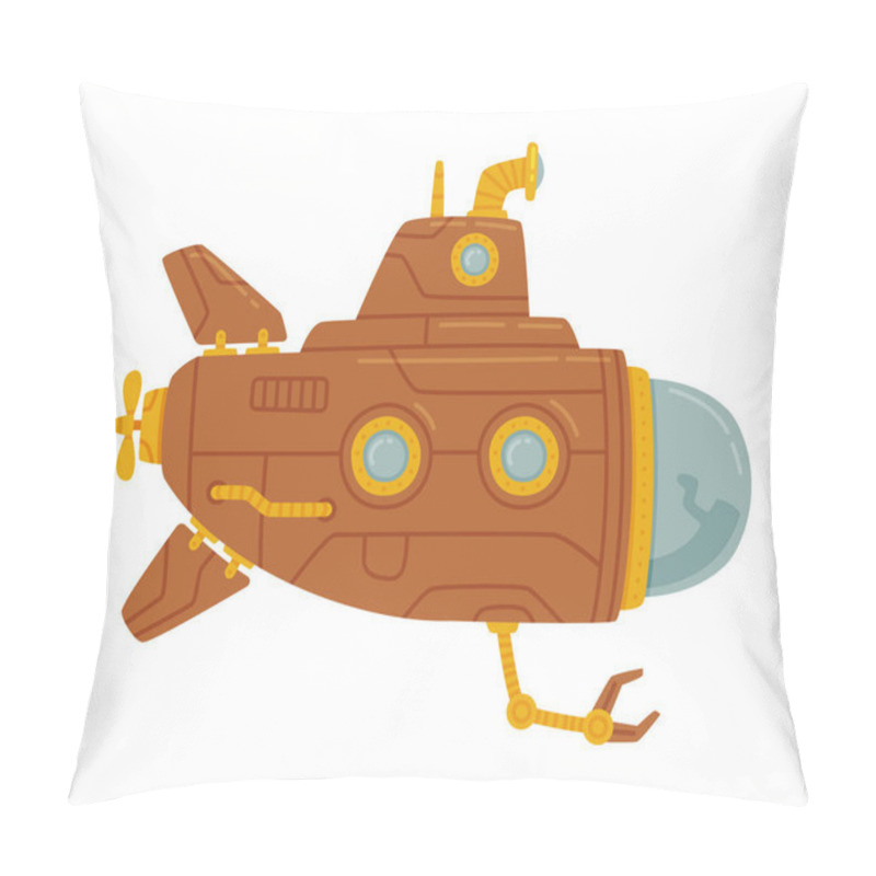 Personality  Brown Submarine Watercraft Swimming Underwater Vector Illustration. Marine Vessel Having Cylindrical Body And Sail With Periscope Concept Pillow Covers