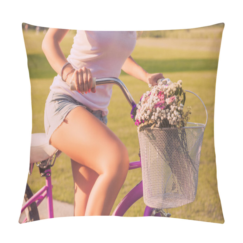 Personality  Close Up Of Beautiful Young Girl Riding A Cycle With Flowers Pillow Covers