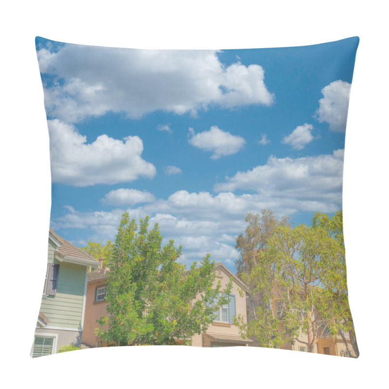 Personality  Square White Puffy Clouds Row Of Traditional Houses At Ladera Ranch In Southern California. There Are Trees At The Front Of The Houses Against The Clear Sky Background. Pillow Covers