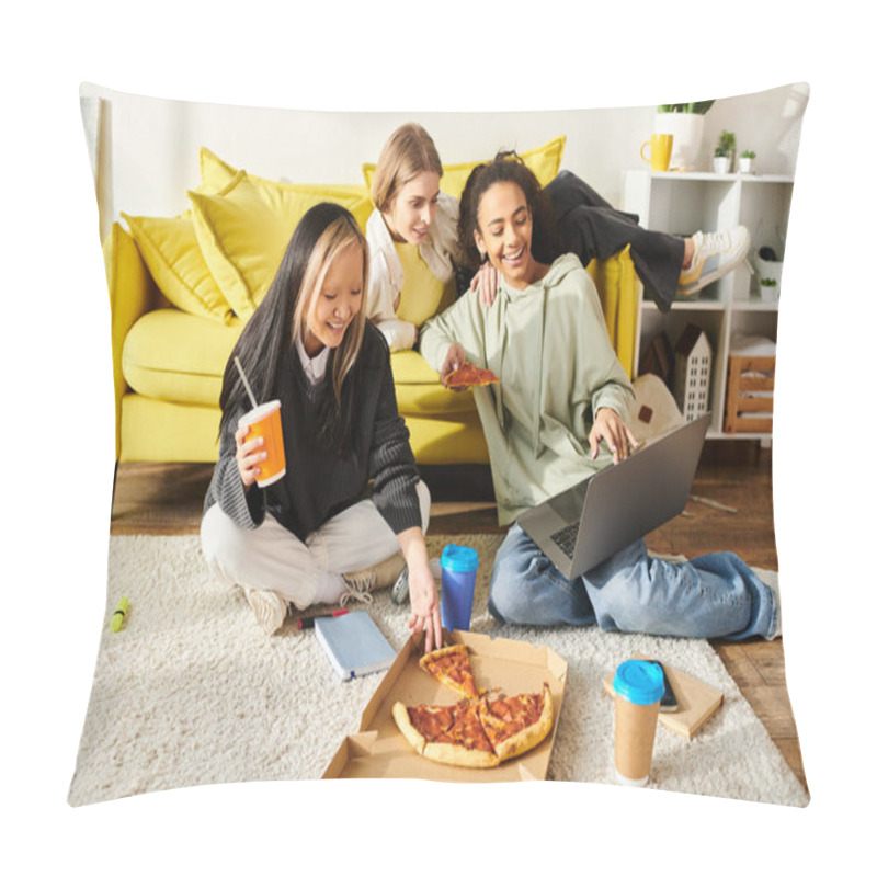 Personality  Three Teenage Girls Of Different Ethnicities Sit Comfortably On The Floor, Enjoying Slices Of Pizza And Sipping On Drinks. Pillow Covers