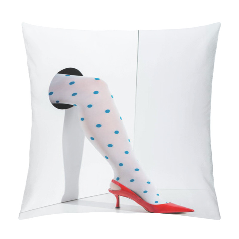 Personality  Cropped Image Of Girl Showing Leg In Fashionable White Tights With Blue Dots And Red High Heel In Hole On White Pillow Covers