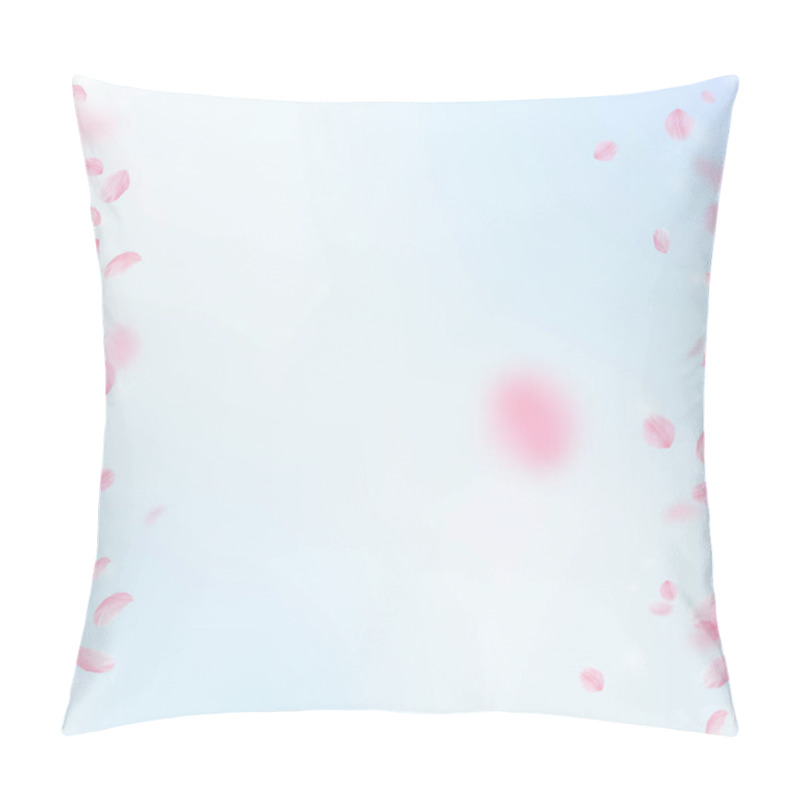 Personality  Sakura Petals Falling Down. Romantic Pink Flowers Borders. Flying Petals On Blue Sky Square Background. Love, Romance Concept. Modern Wedding Invitation. Pillow Covers