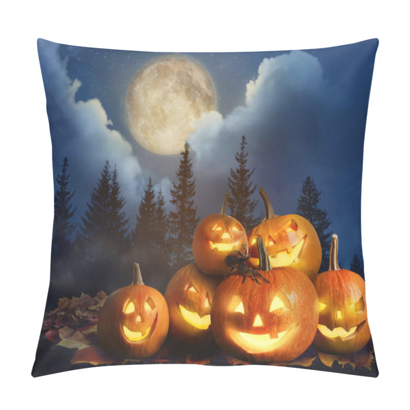 Personality  Spooky Jack O Lantern Pumpkins With Creepy Spider In Misty Forest Under Full Moon On Halloween Pillow Covers