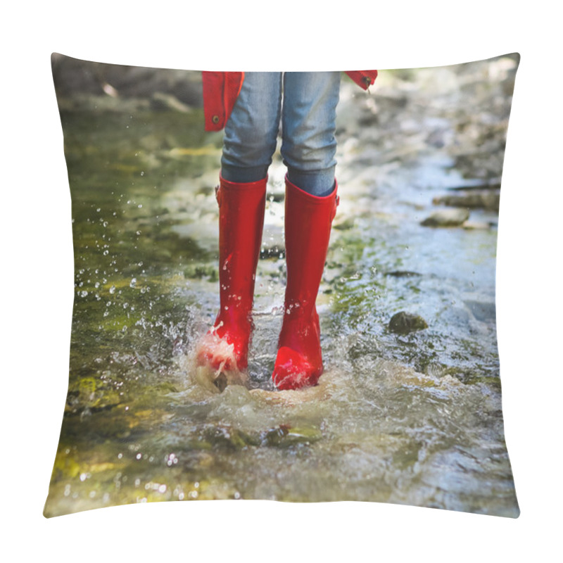 Personality  Child Wearing Red Rain Boots Jumping. Close Up Pillow Covers