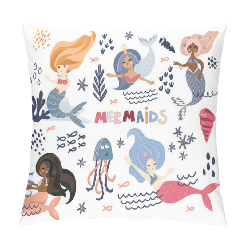 Personality  Set Of Isolated Swimming Cute Mermaids, Sea Plant, Marine Animals, Corals And Seaweed, Vector Hand Drawn Illustration Pillow Covers