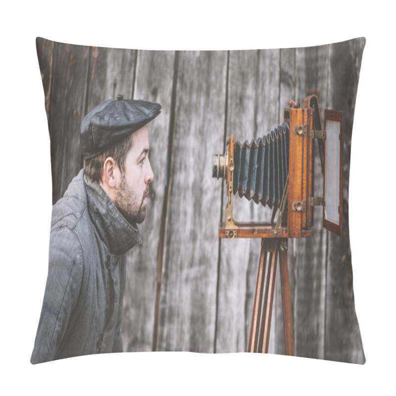 Personality  Concept - Selfie. Selfie Of Old Fashioned Man On Large Format Camera Pillow Covers