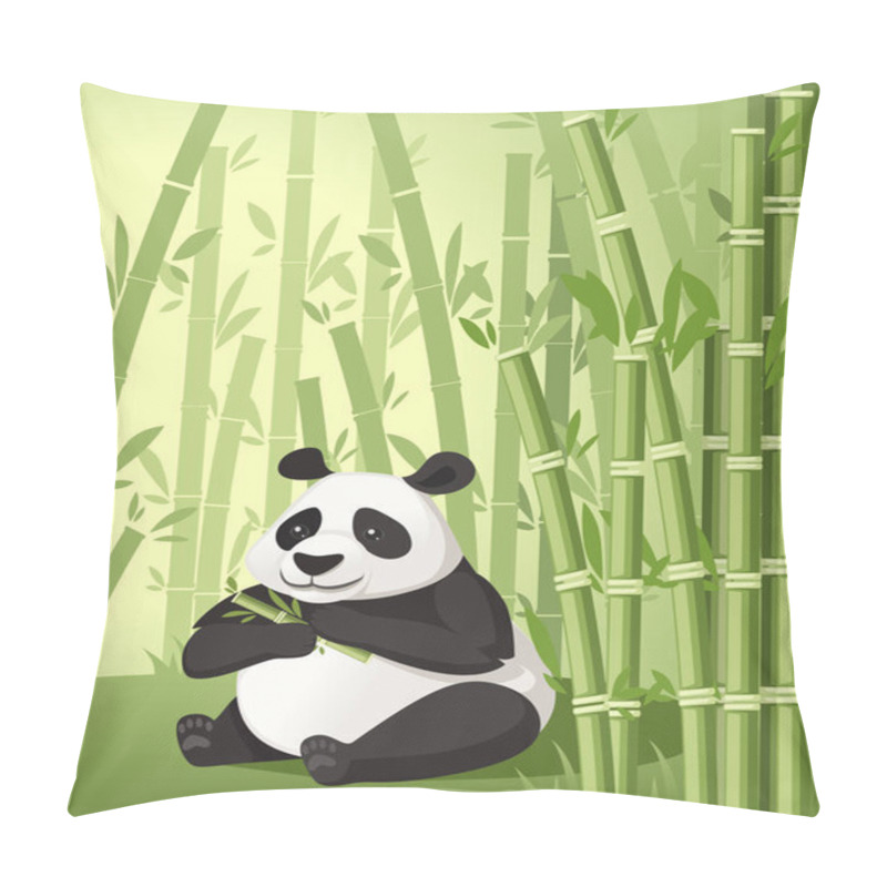 Personality  Bamboo Trees Asian Forest Landscape With Cute Big Panda Eating Bamboo Flat Vector Illustration Pillow Covers