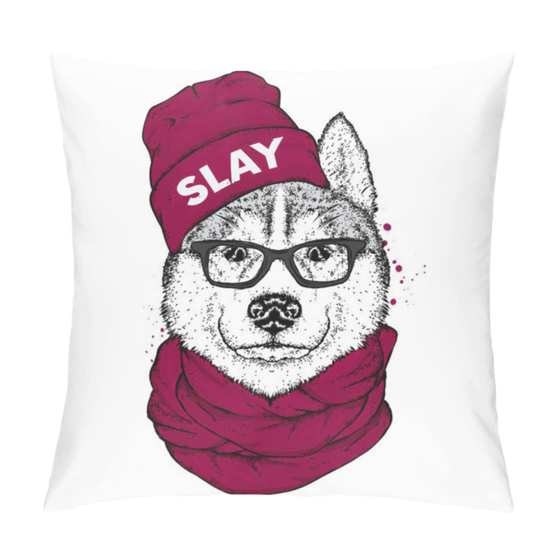 Personality  Husky In A Stylish Hat, Scarf And Glasses. A Pedigree Dog In Clothes And Accessories. Fashion & Style. Vector Illustration. Pillow Covers