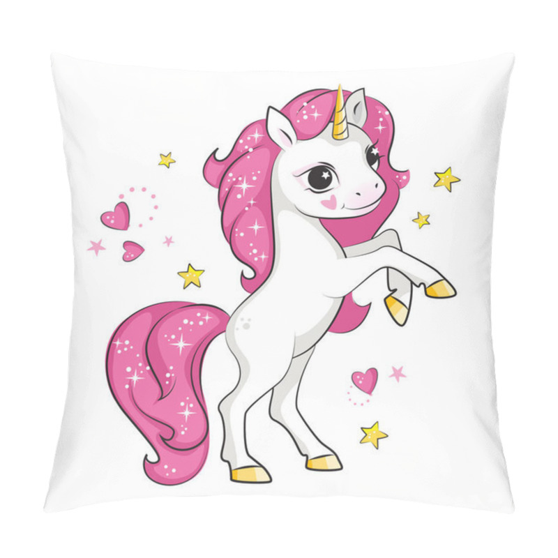 Personality  Cute Little Unicorn With Pink Mane Standing On Its Hind Legs.Isolated. Beautiful Picture For Your Design. Pillow Covers