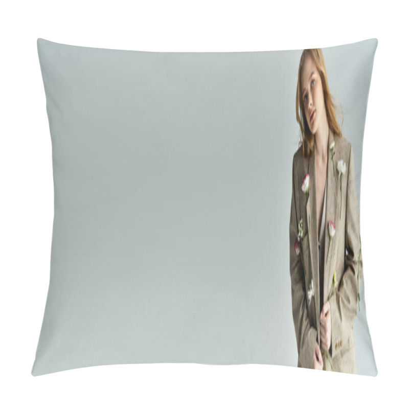 Personality  A Young Woman Stands Gracefully, Enveloped By Gentle Floral Accents. Pillow Covers