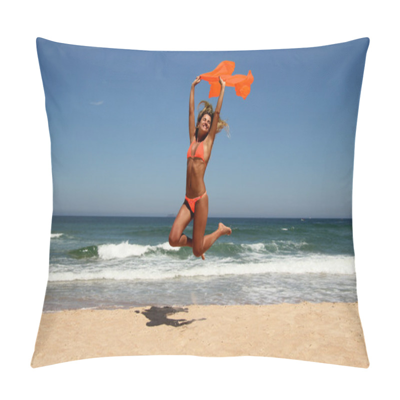 Personality  Beautiful Tanned Woman Jumping On Beach Pillow Covers