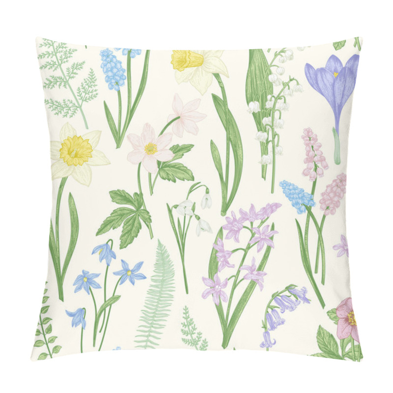 Personality  Vintage Seamless Floral Pattern. Spring Flowers And Grass. Botanical Vector Illustration. Narcissus, Lily Of The Valley, Hellebore, Snowdrop, Crocus. Engraving. Pastel Colors. Pillow Covers