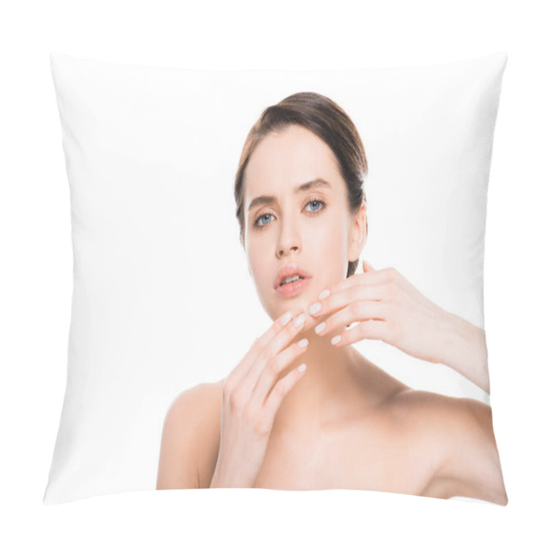 Personality  Attractive Nude Woman Touching Chin With Pimple And Looking At Camera Isolated On White  Pillow Covers