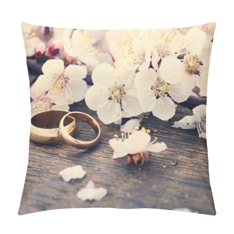 Personality  Wedding Rings. Spring. Flowering Branch On Wooden Surface.  Pillow Covers