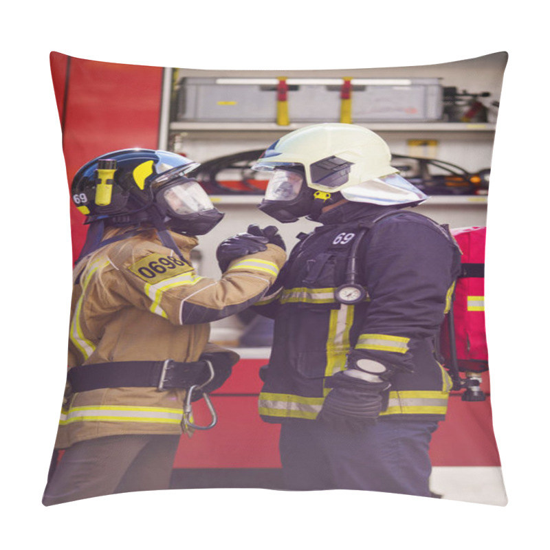 Personality  Picture Of Firefighters Women And Men In Helmet And Mask Looking At Each Other And Doing Handshake Near Fire Truck Pillow Covers