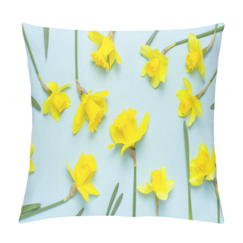 Personality  Spring Floral Background. Yellow Narcissus Or Daffodil Flowers On Blue Background Top View Flat Lay. Easter Concept, International Women's Day, March 8, Holiday. Card With Flowers. Place For Text Pillow Covers