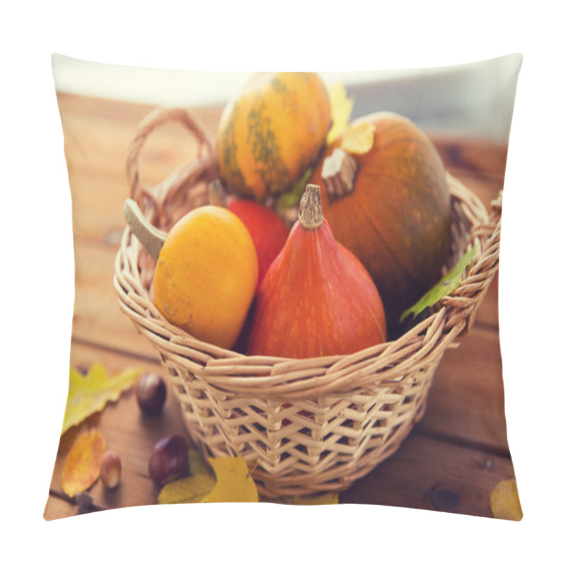 Personality  Close Up Of Pumpkins In Basket On Wooden Table Pillow Covers