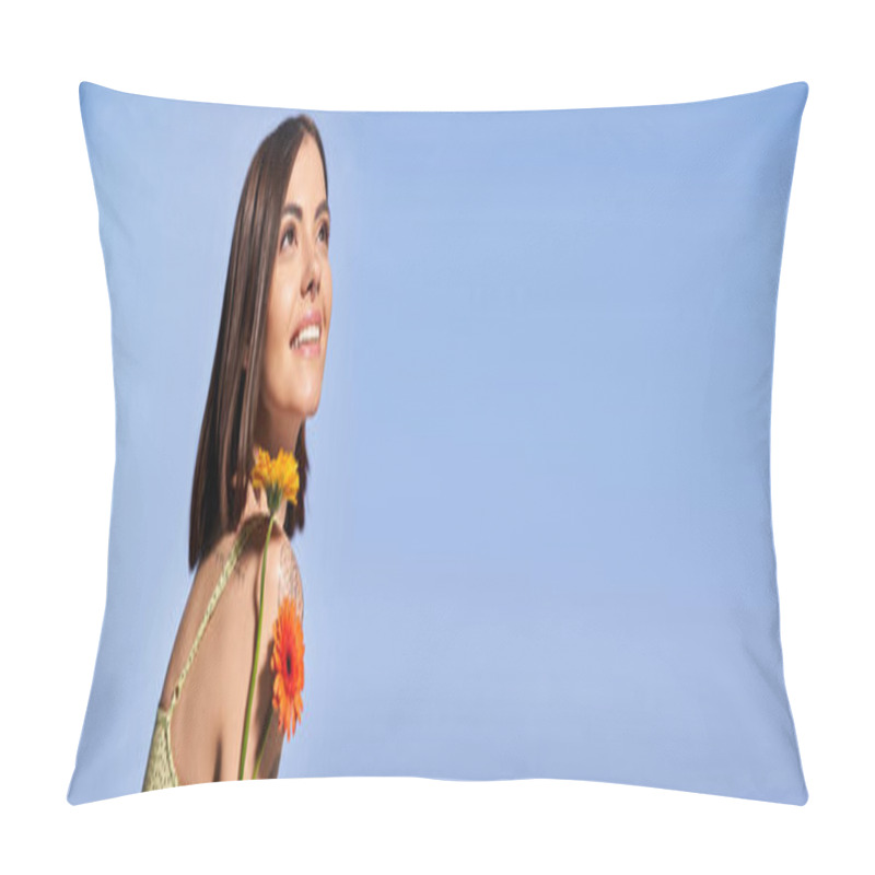 Personality  Young Brunette Woman Elegantly Placing A Delicate Flower In Her Hair In A Serene Studio Setting. Pillow Covers