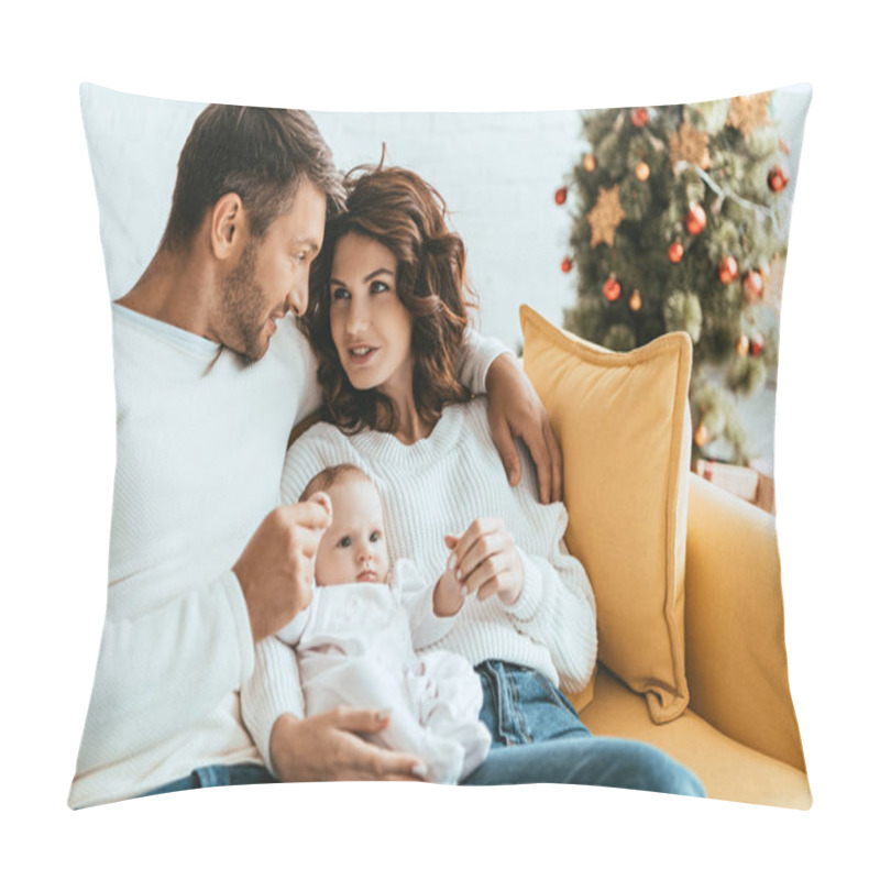 Personality  Happy Man Hugging Smiling Wife Holding Cute Baby While Sitting On Yellow Sofa Pillow Covers