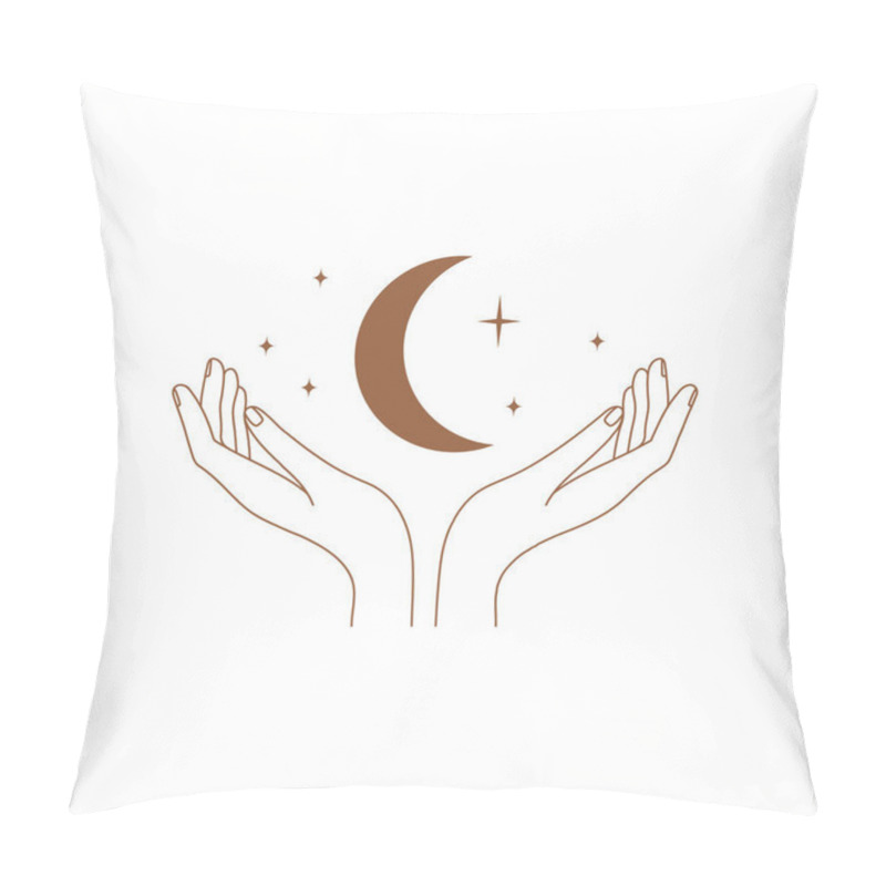 Personality  Minimal Female Hand Logo In Linear Style. Women's Hand With Moon And Stars. Vector Linear Boho Icon For Handmade Products, Jewelry, Cosmetics, Wedding Concept Illustrations Etc. Branding. Pillow Covers