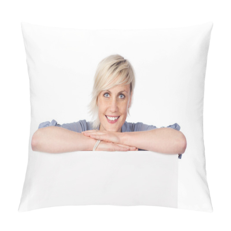 Personality  Blond Woman Leaning On White Sign Pillow Covers