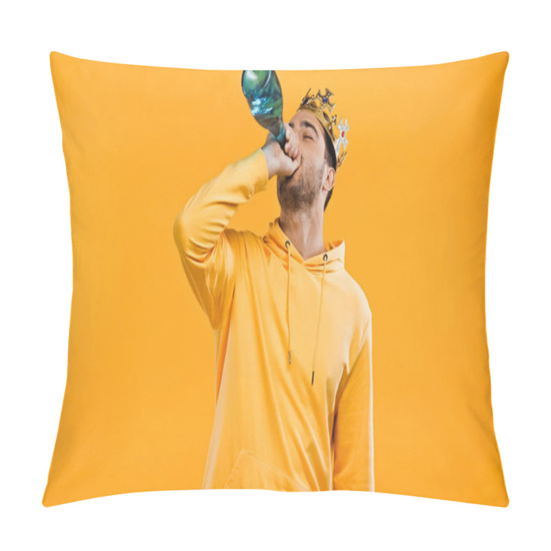 Personality  Man In Crown Drinking Champagne From Bottle Isolated On Yellow Pillow Covers