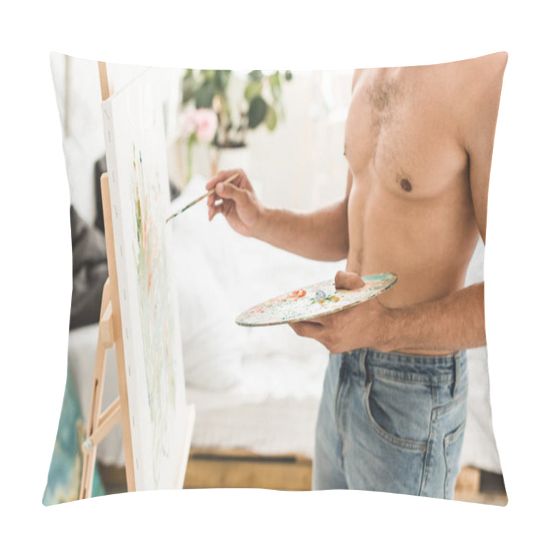 Personality  Cropped View Of Sexy Shirtless Man Drawing With Brush And Holding Palette Pillow Covers