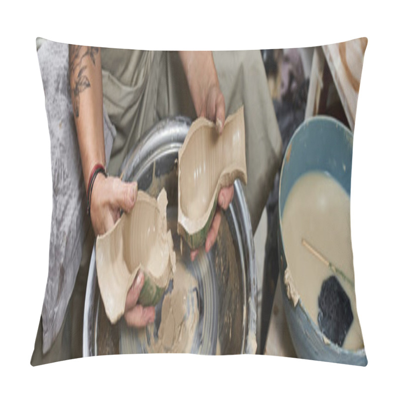 Personality  A Mature Woman Passionately Works With Clay, Crafting Beautiful Pieces In Her Serene Studio. Pillow Covers