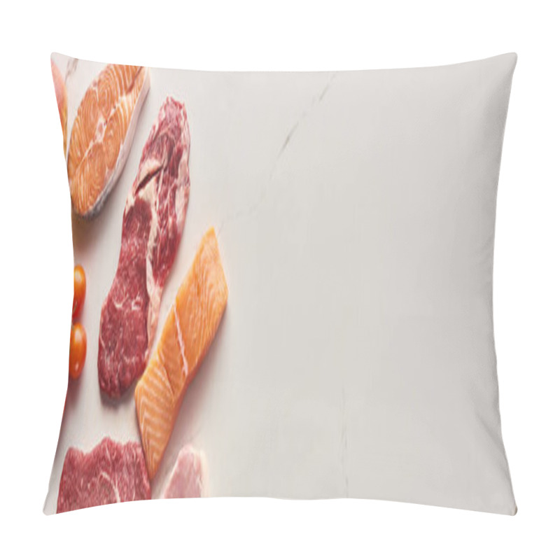 Personality  Panoramic Shot Of Raw Meat, Fish And Poultry Near Tomatoes, Lemon And Apple On Marble Surface With Copy Space Pillow Covers