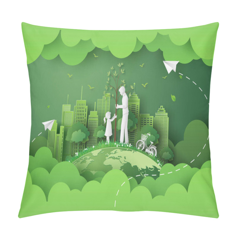 Personality  Green City With Mom And Girl ,paper Cut And Digital Craft Style. Pillow Covers