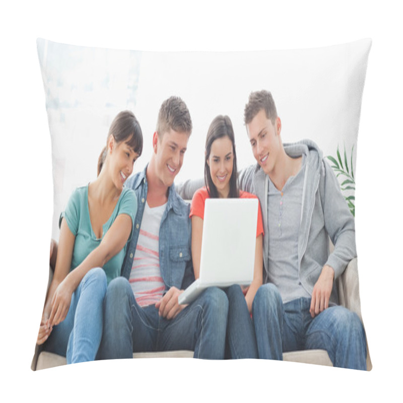 Personality  A Smiling Group Of Friends Watching A Show On The Laptop Togethe Pillow Covers