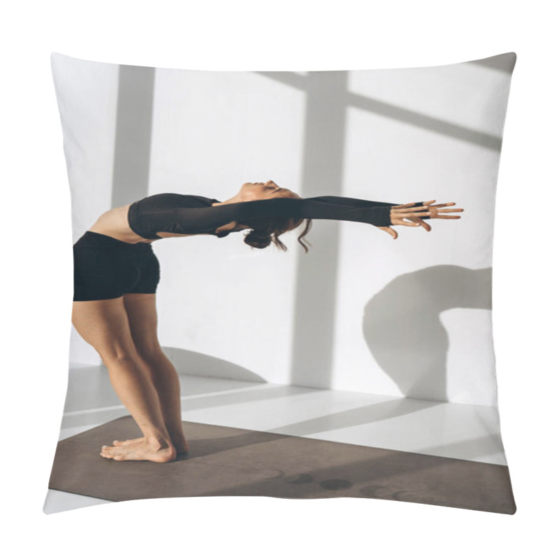 Personality  A Woman Performs A Graceful Backbend Yoga Pose In A Sunlit Studio. Her Pose Showcases Flexibility, Strength, And Focus, Emphasizing The Connection Between Body And Mind During Yoga Practice. Pillow Covers