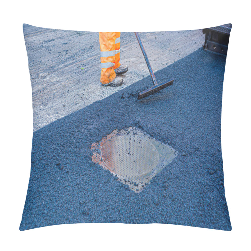 Personality  Worker regulate laying new asphalt to patch a bump in the road. pillow covers