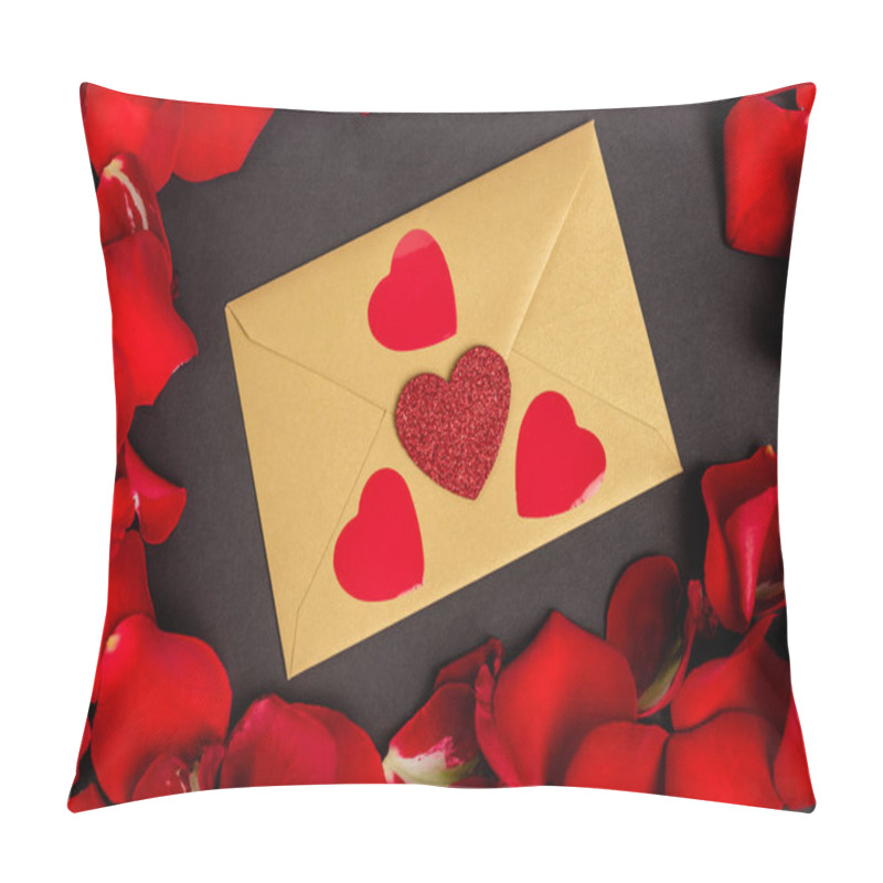 Personality  Top View Of Rose Petals And Envelope With Hearts Isolated On Black Pillow Covers