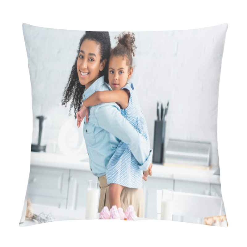 Personality  African American Mother Giving Piggyback To Daughter In Kitchen, Homemade Cupcakes On Table Pillow Covers