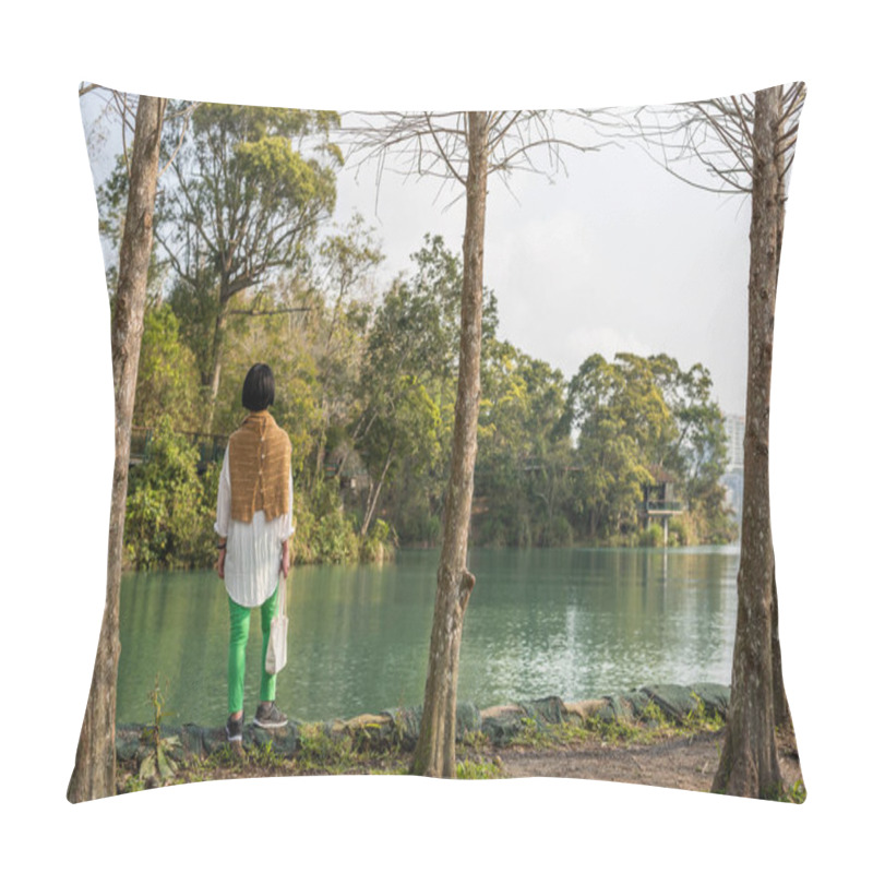 Personality  Traveling Asian Woman Stand Near The Lake Pillow Covers