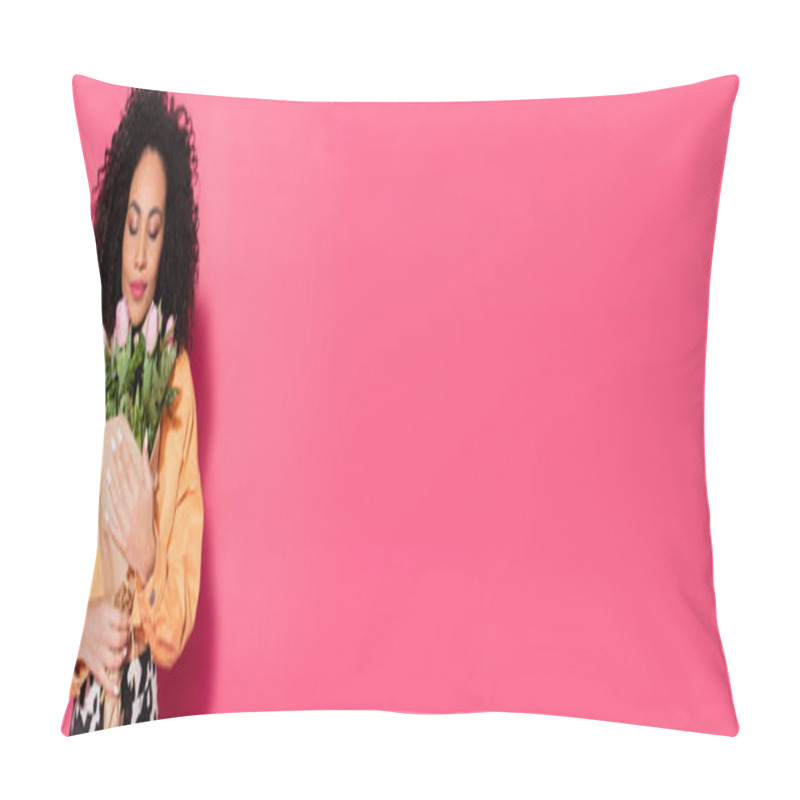 Personality  African American Woman With Closed Eyes Smelling Flowers On Pink, Banner Pillow Covers