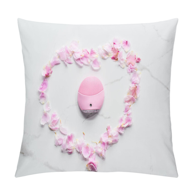 Personality  Top View Of Silicone Cleansing Facial Brush Pink Petals On Marble Surface Pillow Covers