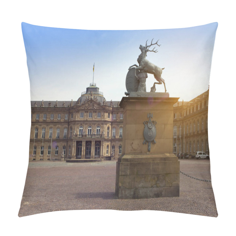 Personality  STUTTGART,GERMANY- MAY 31, 2012:  Deer Sculpture With Crest In Front Of The Main Entrance Of The New Castle (Neues Schloss) In Germany, Stuttgart Pillow Covers