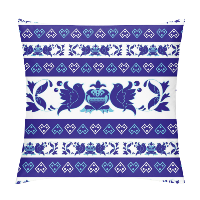 Personality  European Traditional Seamless Vector Pattern With Ornaments, Flowers And Birds.Slovakian Folk Design Repetitive In White And  Blue Color. Retro Floral Background Inspired By Slovakian Village Cicmany. Pillow Covers