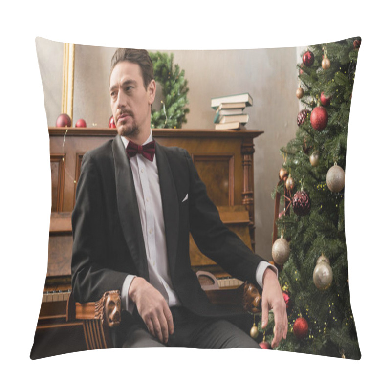 Personality  Elegant Gentleman In Formal Attire With Bow Tie Sitting Near Piano And Decorated Christmas Tree Pillow Covers