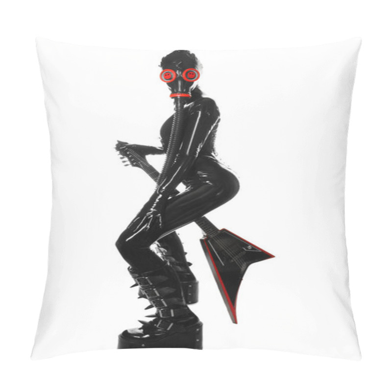 Personality  The Rock Musician Woman In A Black Latex Fetish Suit And A Gas Mask Stands With Fashionable Guitar On White Background Isolated Pillow Covers