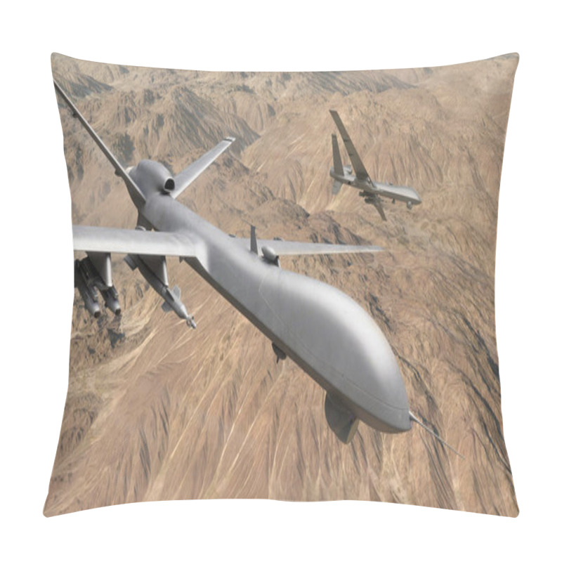 Personality  Two UAV Drones Fly Over A Desert In A Recon Mission Pillow Covers