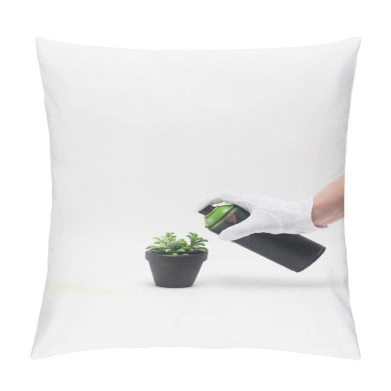 Personality  Cropped Shot Of Man In Glove Painting Plant With Aerosol Paint Isolated On White Pillow Covers