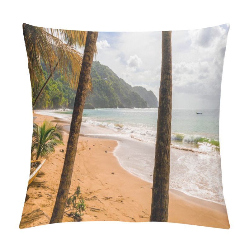 Personality  Beautiful Tropical Barbados Island. View Of The Golden Beach With Palms And Crystal Clear Water. Perfect Holidays Background. Pillow Covers