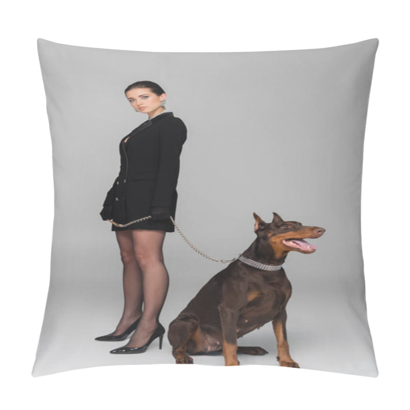 Personality  Full Length View Of Elegant Woman Looking At Camera Near Doberman Dog On Grey Background Pillow Covers