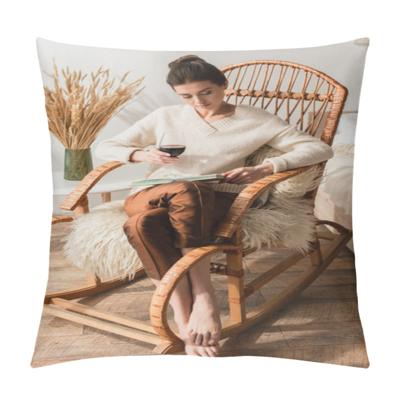 Personality  Young Woman Sitting In Wicker Rocking Chair With Book And Glass Of Red Wine Pillow Covers